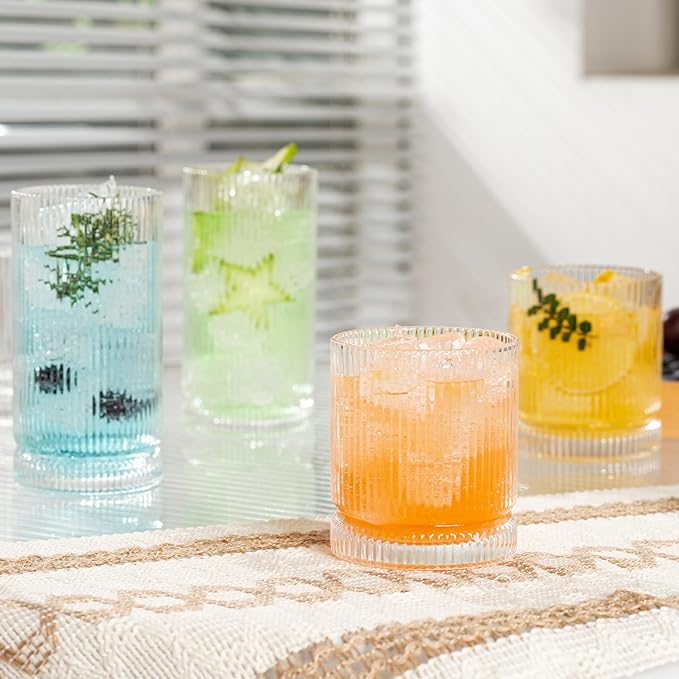16oz Ribbed Glassware, Vintage Drinking Glasses Set of 4, Cocktail Glass Cups, Elegant Tom Collins Glasses, Highball Ribbed Glasses Ideal for Water, Iced Coffee, Juice, Beer, Milk