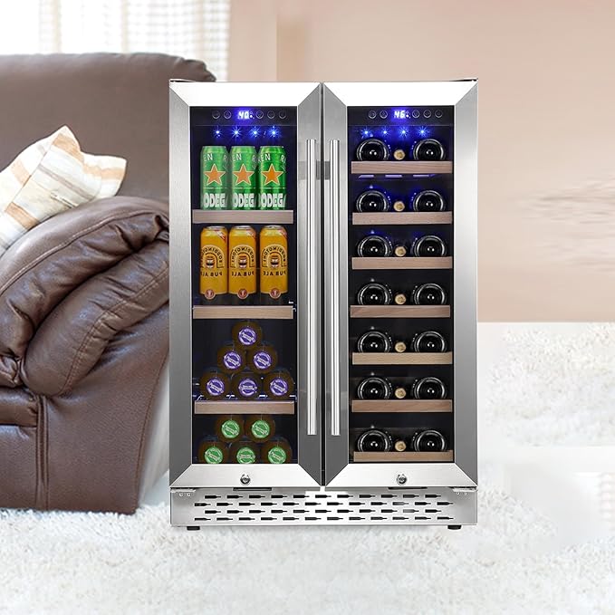 Dual Zone Wine and Beverage Refrigerator, Built-In or Freestanding, 19 Bottle 57 Can Capacity, Adjustable Racks, Quiet Compressor, Double Glass Door, Digital Control, Mini Fridge for Home Bar Kitchen