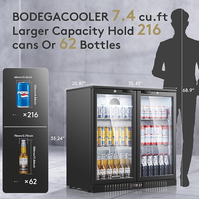 BODEGACOOLER Back Bar Cooler with 2 Glass Doors,7.4cu.ft Commercial Undercounter Beverage Fridge,35” Height Bar Refrigerator LED Lighting With Locks 68 bottles For Home, Kitchen,Bar,Conveneience Store