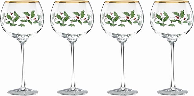 Lenox Drinkware, Holiday 4-Piece Wine Balloon Glass Set, Set Of 4, 16 Oz Capacity, Made From Glass, Festive Red Christmas Design, Hand Wash Only, Christmas Decorations, Winter Decor (4 Piece)