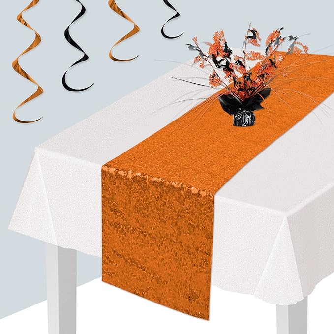 Beistle Sequined Fabric Table Runner Wedding Decorations, Birthday Party, Reception, Baby Shower, Graduation, Halloween, Holiday Celebrations, 11.25" x 75", Orange