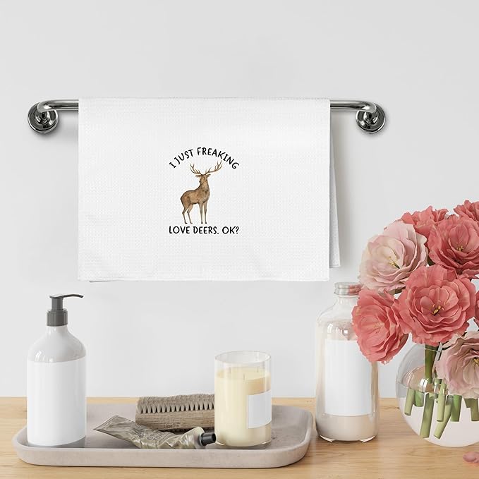 Funny Deer Kitchen Towels, Woodsy Deer Camper Cabin Bathroom Decor Decorations for Home, Rustic I Just Freaking Love Deers Dish Hand Tea Towels for Farmhouse Bathroom Kitchen, 16x24 Inch