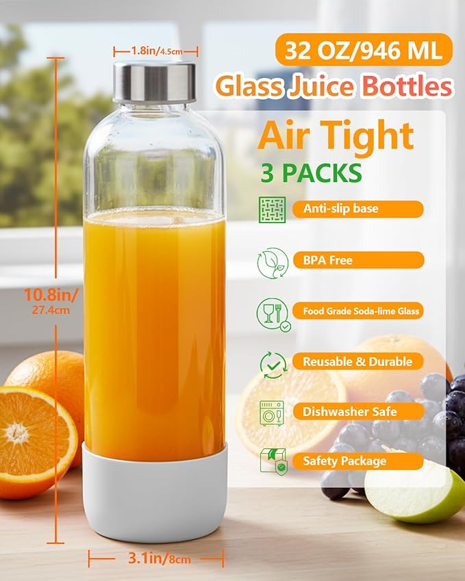 Zukro 32 oz Glass Juice Bottles With Lids, 3 Pack Large Clear Glass Bottle with Airtight Stainless Steel Lids For Juicing, Water, Homemade Drinks, Non-slip Silicone Base, Leak Proof & BPA Free