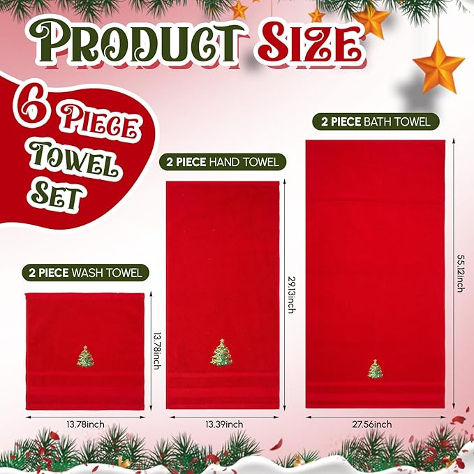 Peryiter 6 Pack Cotton Christmas Bath Towels Set Red Christmas Tree Towels Bathroom Set, Soft and Absorbent, Contains 2 Bath Cloth, 2 Hand Cloth and 2 Washcloths
