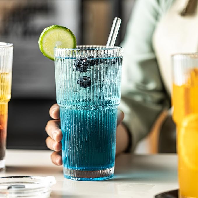 Ribbed Drinking Glasses,with Lids and Straws Glass Cup,19oz Glass cup,6 Pack Old Fashioned Glasses,Thickened for iced coffees,cocktails and juices, perfect for families and parties (6)