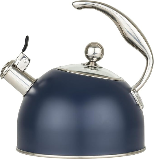 Viking 3-Ply Stainless Steel Tea Kettle, 2.6 Quart Stovetop Hot Water Pot with Tempered Glass Lid, Ergonomic Handle, Induction Ready, Slate and Blue