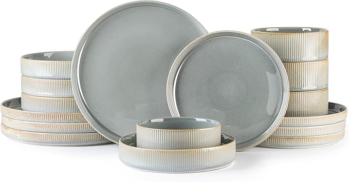 TheTerra Ceramic Dinnerware Sets with Pasta Bowls for 4, 16 Pieces Porcelain Lightweight Plates and Bowls Sets, Scratch Resistant Dish Set, Oven & Microwave & Dishwasher Safe, Desert Sage