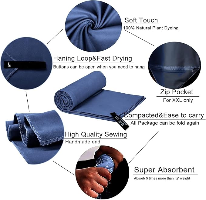 Microfiber Towel Perfect Travel & Gym & Camping Towel, Quick Dry - Super Absorbent - Ultra Compact - Lightweight. Suitable for Trip, Beach, Shower, Backpacking, Pool (Navy Blue)