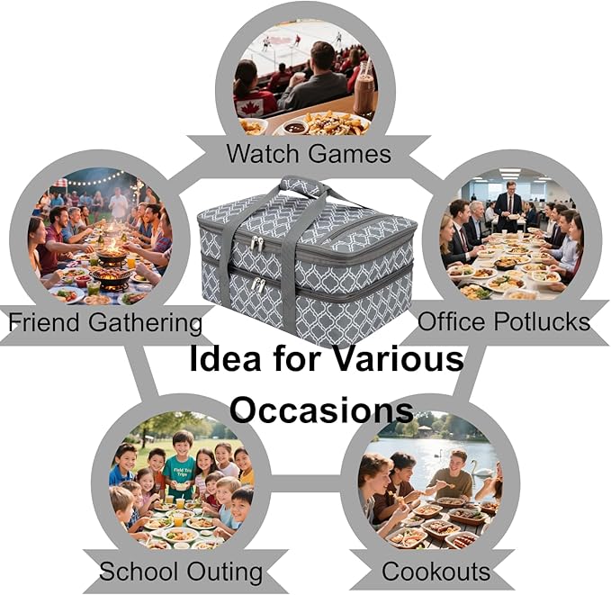 Insulated Casserole Carrier Bag - Portable Thermal Food Tote Carrying Case Bag for 9x13/11x15 Inch Pans - Keep Hot/Cold 4+ Hours - Double Decker for Festival Potlucks, Camping or Outdoor Events