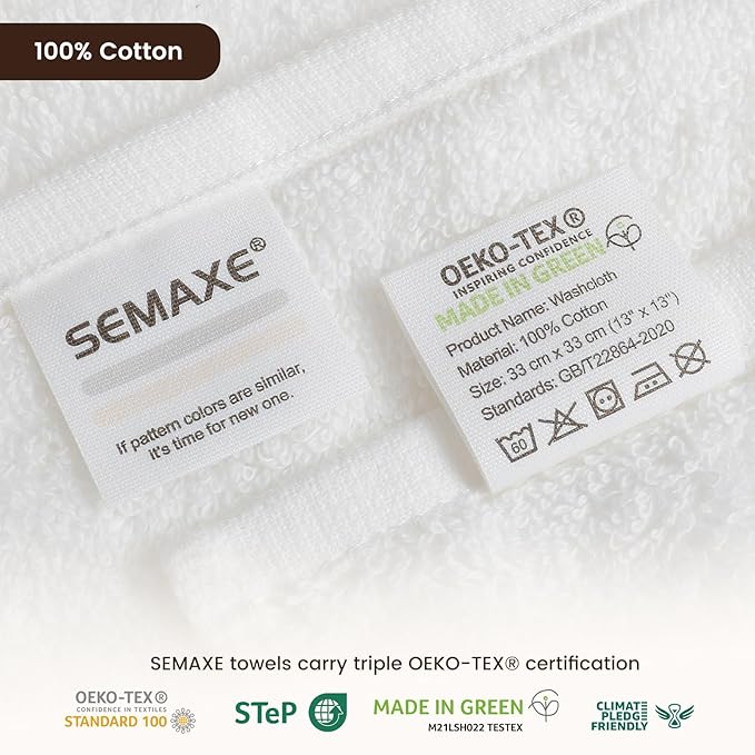 SEMAXE 100% Cotton Washcloths for Bathroom - 24 Pack, Quick-Dry Face Towels with Hanging Loop, Highly Absorbent and Soft, 13x13 Inch, White