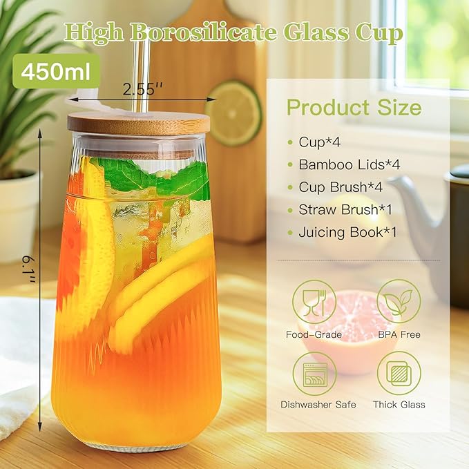 Ruckae Borosilicate Glass Cups with Lids and Straws,16oz Reusable Iced Coffee Cup with Lid Glass Cups 4 Pack for Coffee Bar Accessories,Smoothie,Juice,Durable Clear Tumbler Cups for Home,Office,Travel