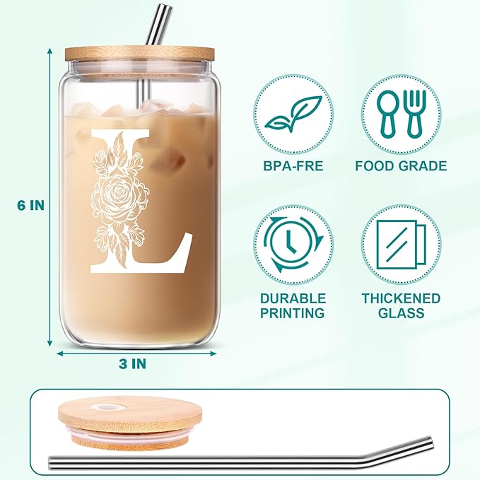 Personalized Monogrammed Gifts for Sister Mom Friend Wife, Birthday & Ideas 2024 - Cute Iced Coffee Glass Cups with Lids & Straws