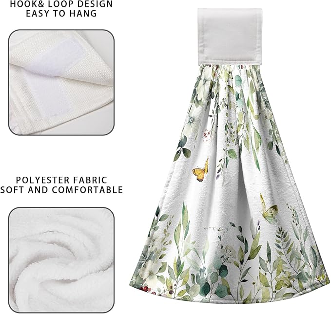 Eucalyptus Leaves Green Hanging Kitchen Towels Flowers Butterfly Hand Towels with Hanging Loop Sage Leaf Summer Dish Towel Washcloth Soft Tie Towel for Bath Kitchen