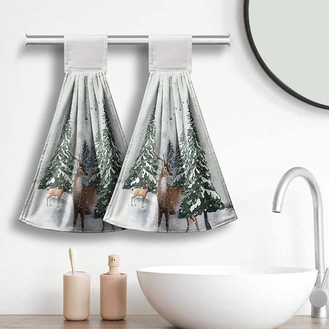 Winter Deer Hand Towels with Hanging Loop Pine Tree Snowflake Tie Towel 2Pcs Snow Hanging Kitchen Towels Decorative Tea Towel Soft Absorbent Washcloth for Home Bathroom Decor