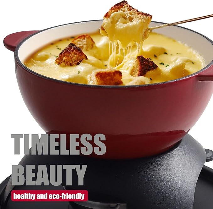 Artestia Cast Iron Cheese Fondue Set 11-Piece with Adjustable Burner, 6 Colored Forks, 5-Cup Red Swiss Fondue Set for Cheese, Chocolate, Caramel, Meat – Family Size 4-6 Persons