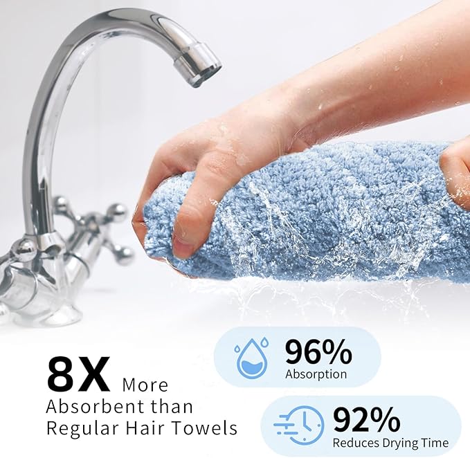 2 Pack Extra Large Microfiber Hair Towel Wrap for Women, 37.4" x 26.4" Super Absorbent & Quick Dry with Elastic Strap for Curly Hair (Blue)