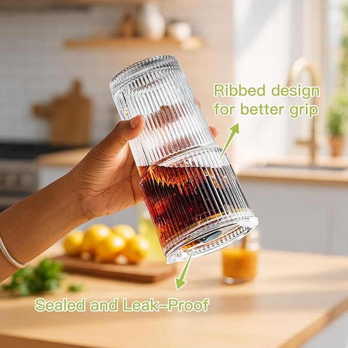 Ruckae 20oz Glass Bottles with Lids,Glass Cups with Lids and Straws,Water Bottle Drinking Glasses for Coffee,Smoothies,Tea,Juice (6, Transparent)