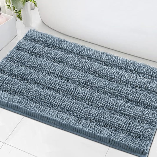 H.VERSAILTEX Bath Mats for Bathroom Non Slip Extra Thick Chenille Striped Bath Rug 24" x 36" Absorbent Non Skid Fluffy Soft Shaggy Rugs Washable Plush Mats for Indoor, Bath Room, Tub - Stone Blue