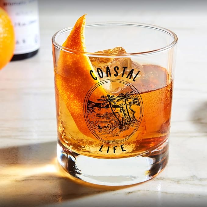 Beach Coastal Whiskey Glasses 10 oz, Beach Lover Gifts, Tropical Palm Tree Coastal Old Fashioned Rocks Glasses Cup for Women Men Drinking Scotch Bourbon Liquor
