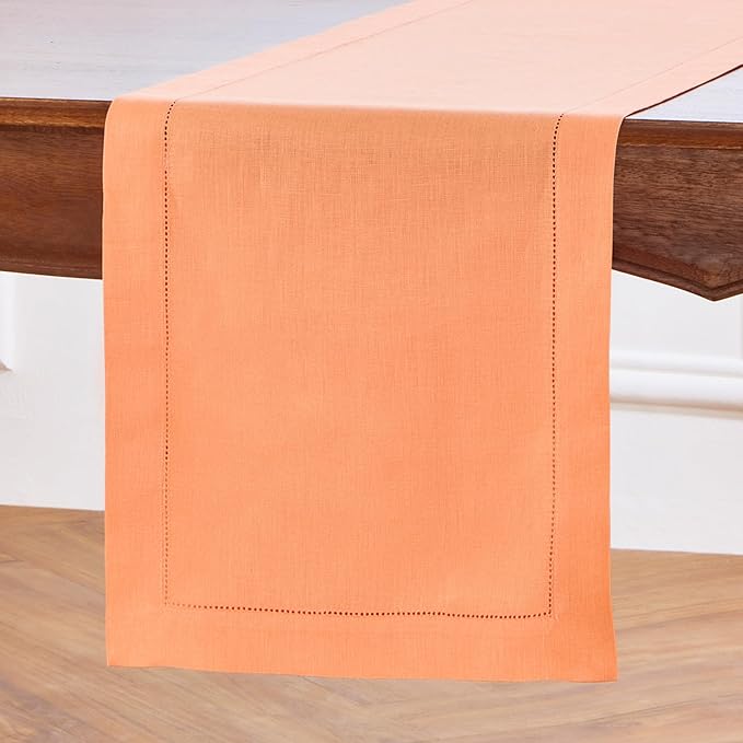 Solino Home Linen Coral Table Runner 108 Inches Long - 100% Pure Linen Hemstitch 14 x 108 Inch Table Runner for Dining - Classic Hemstitch