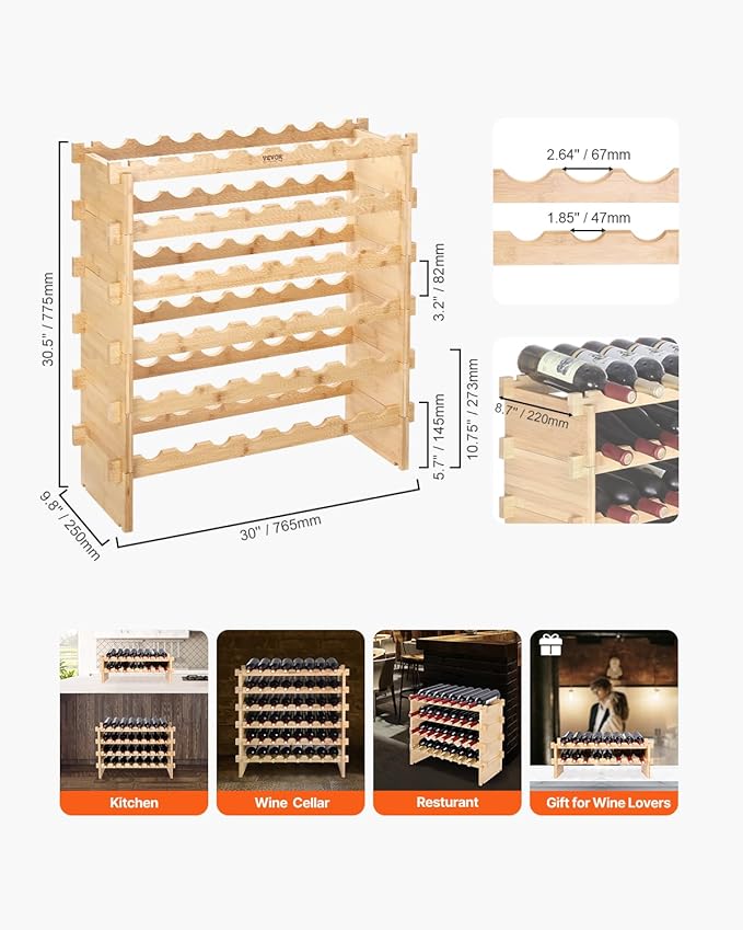 VEVOR 6-Tier 48 Bottles Stackable Modular Wine Rack, Freestanding Wines Holder Display Shelf, Solid Bamboo Wood Storage Racks, Wobble-Free Shelves for Kitchens, Dining Rooms, Cellars, Natural Color