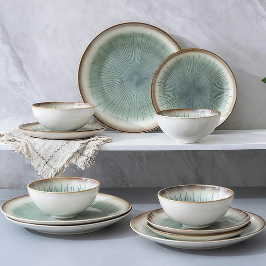 Dinnerware Set Green 12 Pieces Service for 4, Stoneware Plates and Bowls Set Stoneware Set, Dishwasher Microwave Safe Dishes set