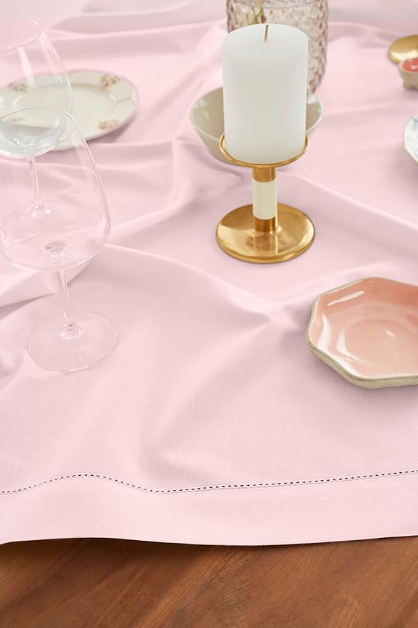 Solino Home Pink Tablecloth 52 x 52 Inch - Cotton Linen Hemstitch Square Tablecloth - Machine Washable Table Throw for Valentines, New Year