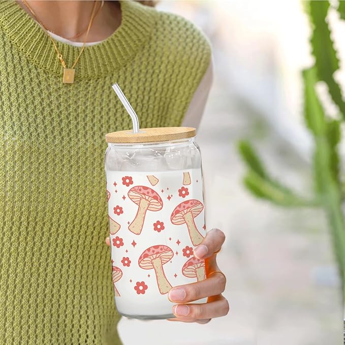 Red Mushroom Aesthetic Glass Cup with Lids and Straws 14oz - Mushroom Gifts for Women Mushroom Lovers Girls, Cute Mushroom Glass Coffee Tumbler Drinking Jars with Cleaning Brush