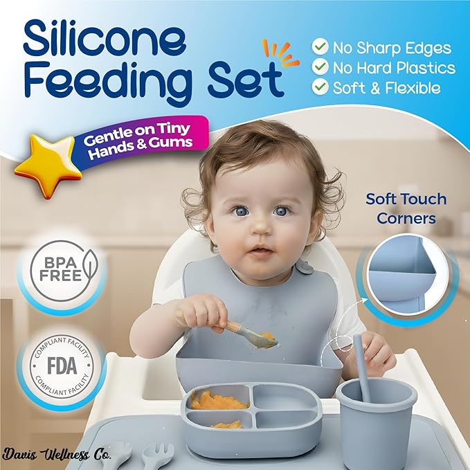 No-Mess Baby Feeding Set — Strong Suction Bowls + Soft Spoons (8-Piece) (Blue)