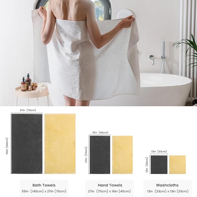 SEMAXE Towel 100% Cotton Towel for Bathroom, Bath Towel, Hand Towel, Washcloth,Yellow & Grey,12-Piece