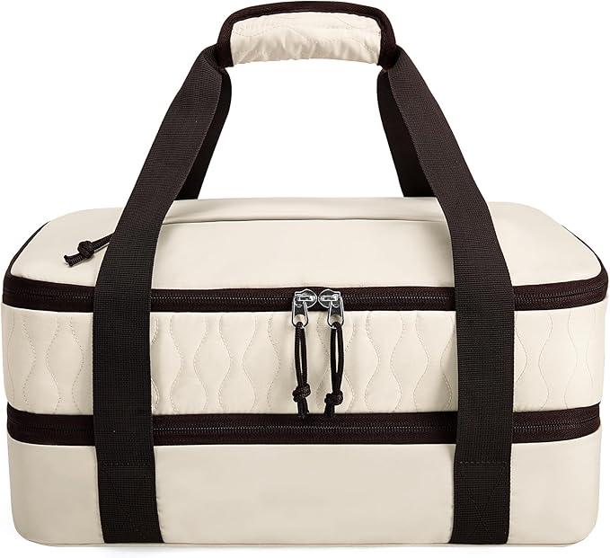 Trunab Insulated Casserole Carrier for Hot or Cold Food, Double Thermal Food Containers, Fit 9x13 Inches Baking Dish Foil Pans, For Picnic Cookouts, Potluck Parties, Beach,Beige (Beige)