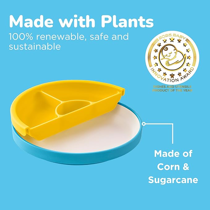 Omie® Easy Scoop Plates for Kids | Unique Design Helps Food Fall into the Spoon, Not on the Table | Made from Plants | 3 Plates + 2 Silicone Dividers | Blue