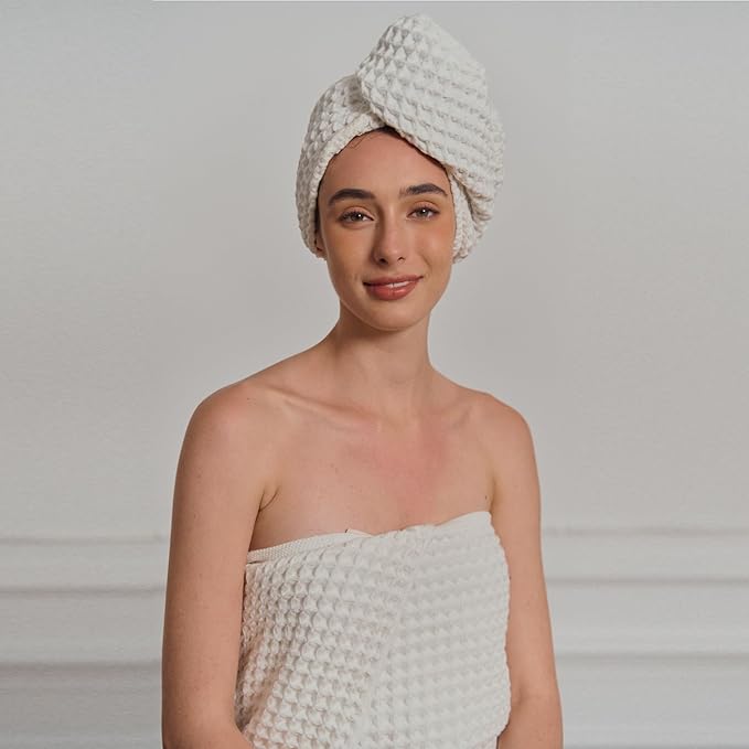 100% Organic Cotton Hair Drying Waffle Towel Wrap for Women | Absorbent & Quick Dry Head Turban for Wet Hair in Shower Sauna Spa, Extra Large for Long Straight Curly Plopping Button (White, 2 PACK)