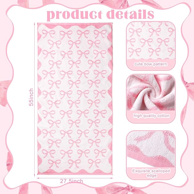 2 Pcs Pink Bow Bathroom Towels 100% Cotton Coquette Bow Bath Towels 28 x 55 Inch Absorbent Soft Preppy Bathroom Decor for Spa Gym Kitchen Women Gifts