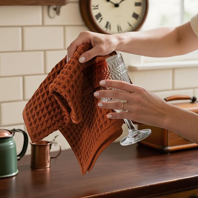 Jacquotha Waffle Hand Towels for Bathroom Kitchen Decor 2-Piece (Rust) – Cotton Quick Dry, Super Soft, Absorbent Kitchen Towels, 13x29”