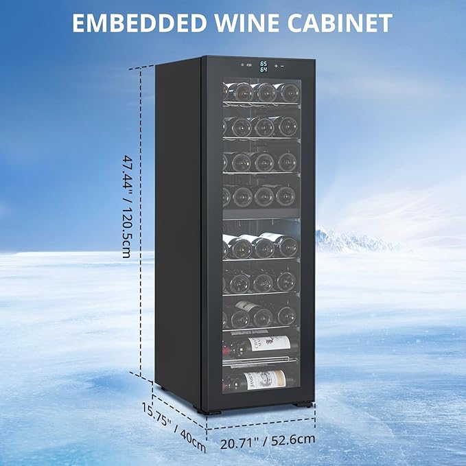 32 Bottle Wine Cooler Refrigerator, Freestanding Small Wine Fridge with Glass Door, Digital LED Temperature Control, Quiet Compressor Beverage Cooler, 41-64°F, for Red, White, Champagne