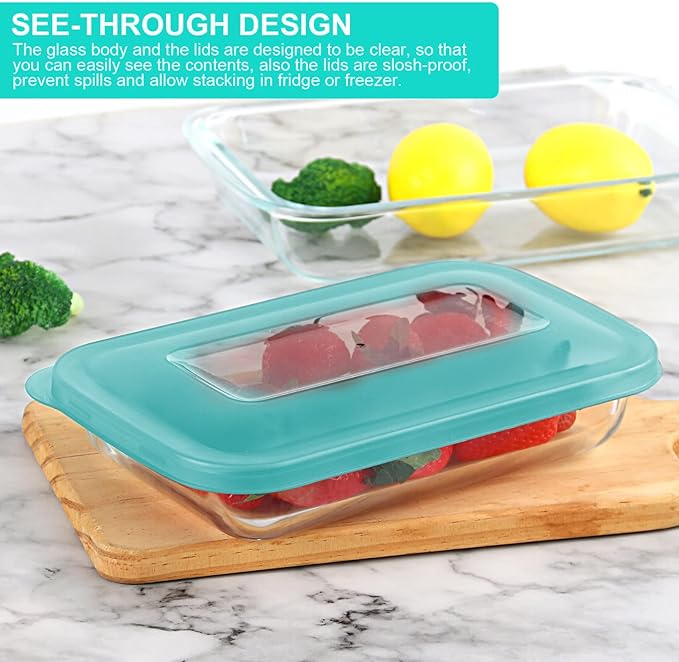 KOMUEE 8 Pieces Glass Baking Dish with Lids Rectangular Glass Baking Pan Bakeware Set with BPA Free Lids, Baking Pans for Lasagna, Leftovers, Cooking, Kitchen, Fridge-to-Oven, Green