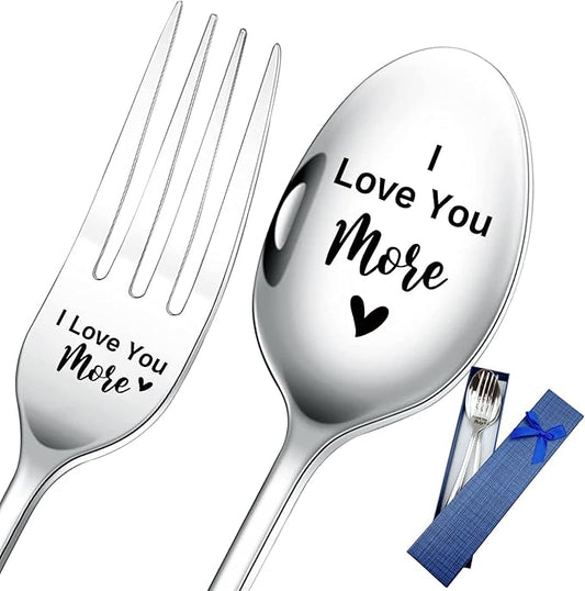 2 Pieces I Love You More Funny Engraved Stainless Spoon Fork Set,Restaurant Dinner Spoon Fork With Gift Box for Boyfriend,Girlfriend,Husband,Wife,Anniversary,Valentines Mothers Day Gifts