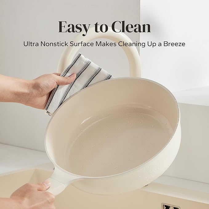 Redchef Ceramic Frying Pan with Glass Lid, Nonstick Deep Saute Pan for All Stovetops, Healthy Cooking Pan, Ergonomic Handle, Fast Even Heating, Splatter Prevention, Oven Safe, Beige (5.2Qt, 12")