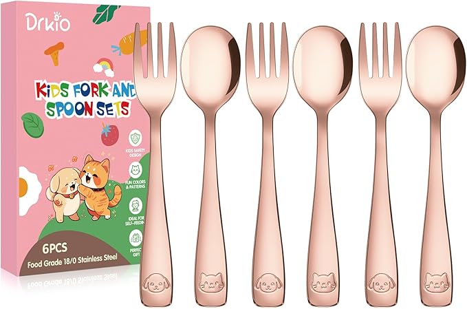 DRKIO Stainless Steel Toddler Utensils Set - 6 Pieces Kids Silverware Set Children Safe Food Grade Small Forks and Spoons Dishwasher Safe Mirror Polished