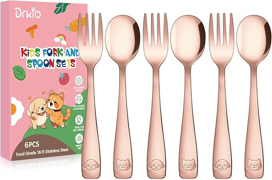 DRKIO Stainless Steel Toddler Utensils Set - 6 Pieces Kids Silverware Set Children Safe Food Grade Small Forks and Spoons Dishwasher Safe Mirror Polished