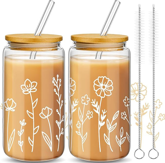 Mumufy Gift for Women Cute Glass Cup Tumbler Flower Iced Coffee Mugs 16 oz Glass with Bamboo Lid & Straw, Mothers Day Birthday Gift for Mom Sister Bridesmaid Baby Shower(2 Pack,Boho Floral)