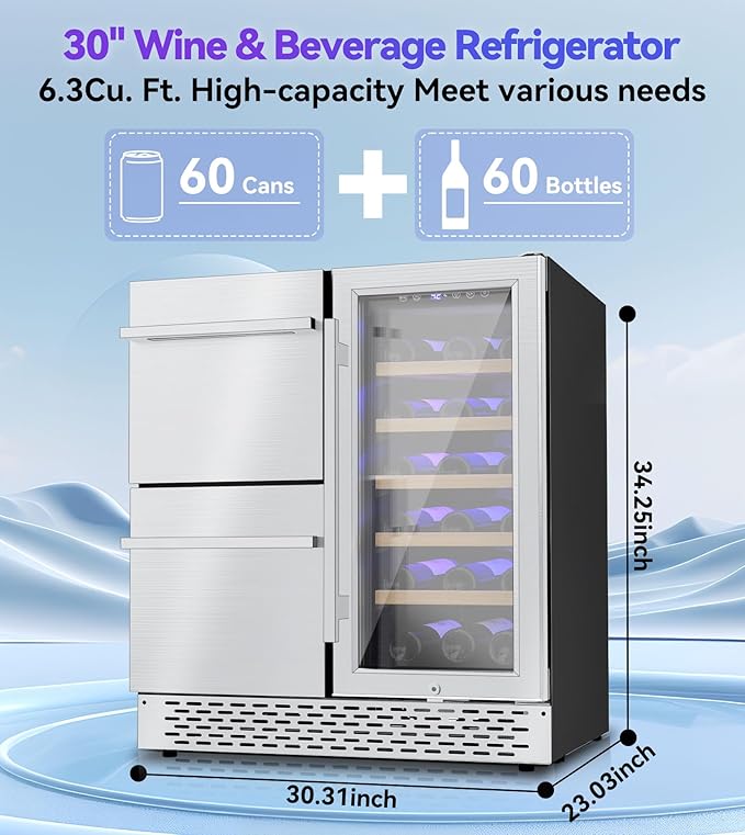 30'' Outdoor Wine and Beverage Refrigerator 120 Cooler, 2 Drawer Dual Zone Wine Fridge with Intelligent Control Advanced Compressor Under Counter Freestanding for Patio Bar Cabinet