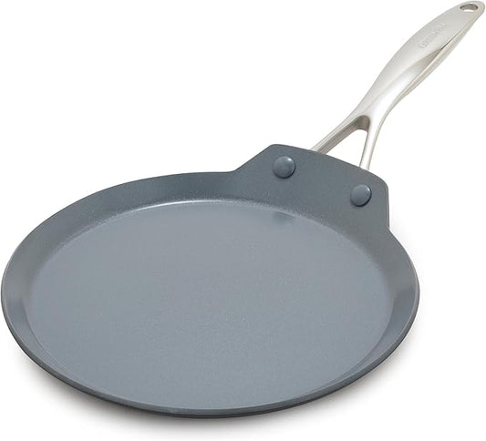 GreenPan Valencia Pro 9.5" Nonstick Crepe Pan, PFAS-Free Ceramic Flat Pancake Skillet, Induction Ready Cookware, Hard Anodized, Dishwasher & Oven Safe, Gray