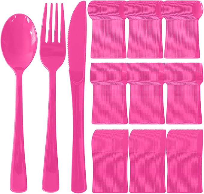 300 Pack Disposable Plastic Silverware, Heavy Duty Hot Pink Plastic Cutlery Set Includes 100 Forks 100 Knives 100 Spoons for Birthday Wedding Party Picnics (300, Hot Pink)