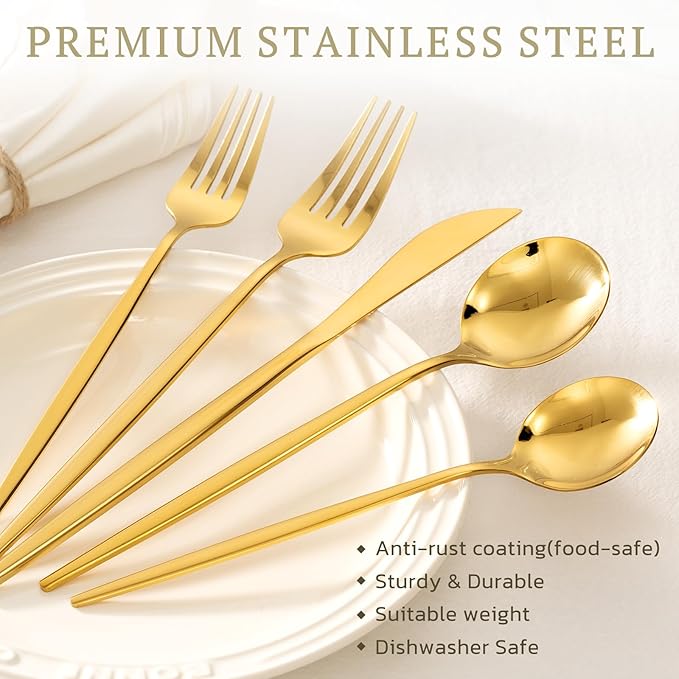 Astercook 24-Piece Gold Silverware Set with Steak Knives Flatware Set for 4 Food-Grade Stainless Steel Cutlery Set Mirror Polished Utensils Set Include Spoons and Forks for Home Kitchen Restaurant