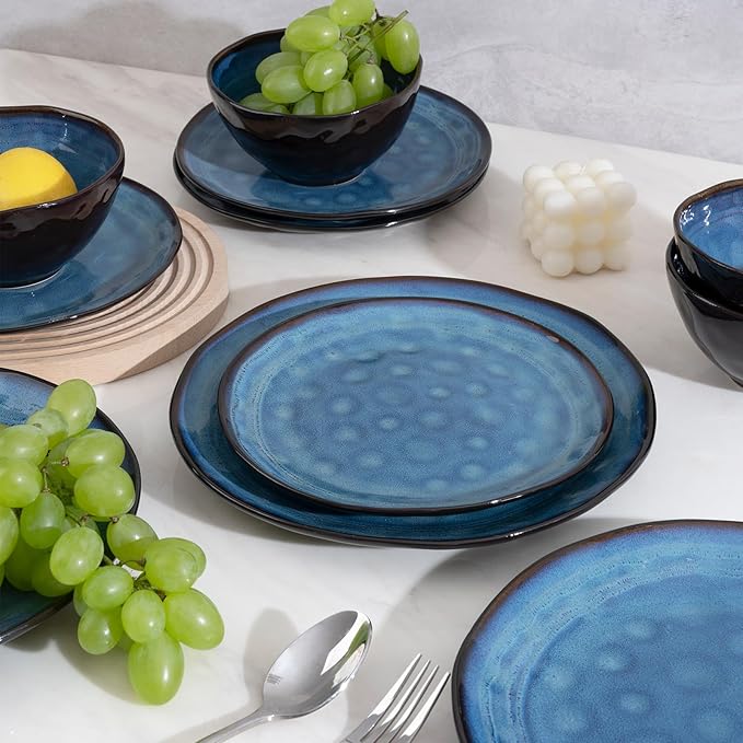 Dinnerware Set Blue 12 Pieces Service for 4, Stoneware Plates and Bowls Set Stoneware Set, Dishwasher Microwave Safe Dishes set