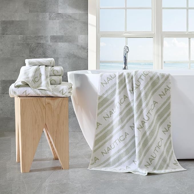 Nautica - Bath Towels, 100% Soft & Absorbent Plush Cotton Towels with Yarn Dye Loops, Medium Weight Bathroom Towels (Minera Greene, 6 Piece)