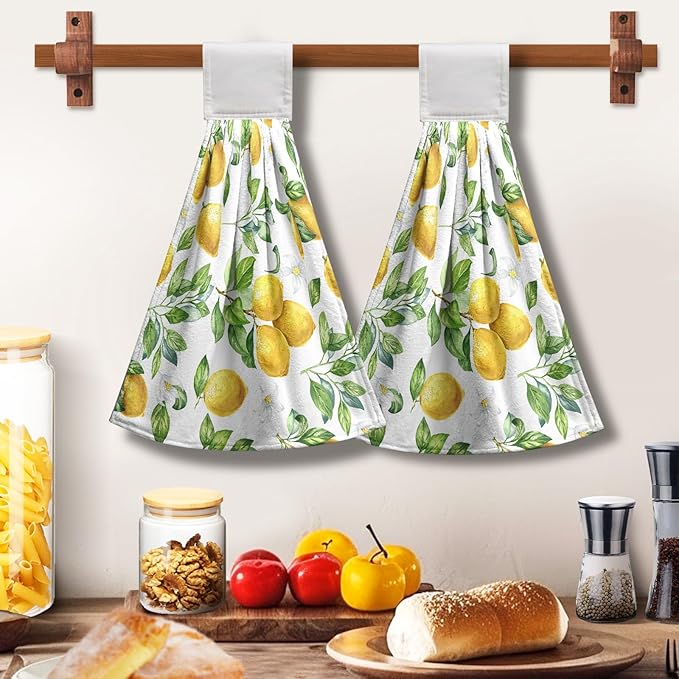 Spring Lemon Kitchen Hand Towels with Loop 2 Pcs Summer Leaves Yellow Lemons Hanging Dish Towels Soft Absorbent Tie Towel Dishcloths for Bathroom Kitchen Washroom 17 x 12 in