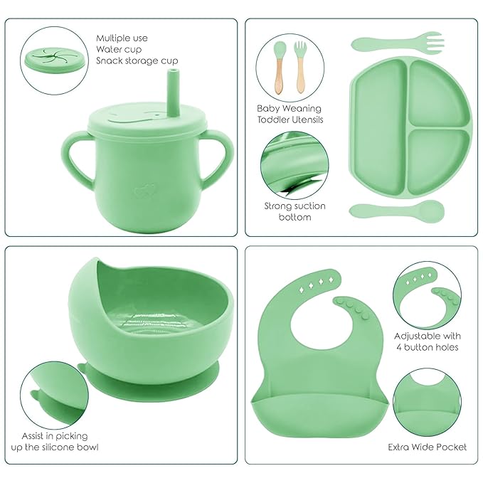100% Silicone Baby Feeding Set,BPA Free Baby Dishes Set with Suction Bowl Divided Plate,Toddler Self Feeding Dish Set with Spoons Forks Sippy Cup and Bib, Baby Eating Utensils (Neon Green)